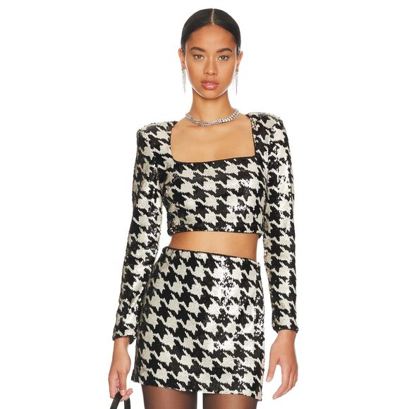NWT ASTR the Label Darby Sequin Houndstooth Print Top & Mini Skirt Set Size: M - Picture 4 of 8